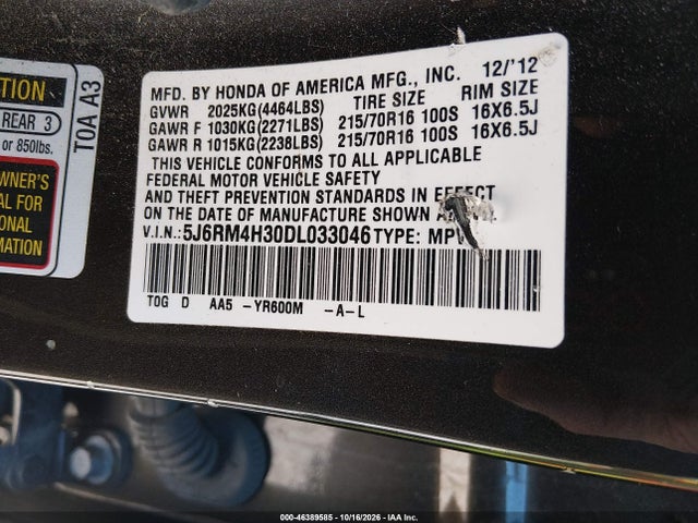 Продаж на аукціоні авто 2013 Honda Cr-v Lx, vin: 5J6RM4H30DL033046, номер лоту: 46389585