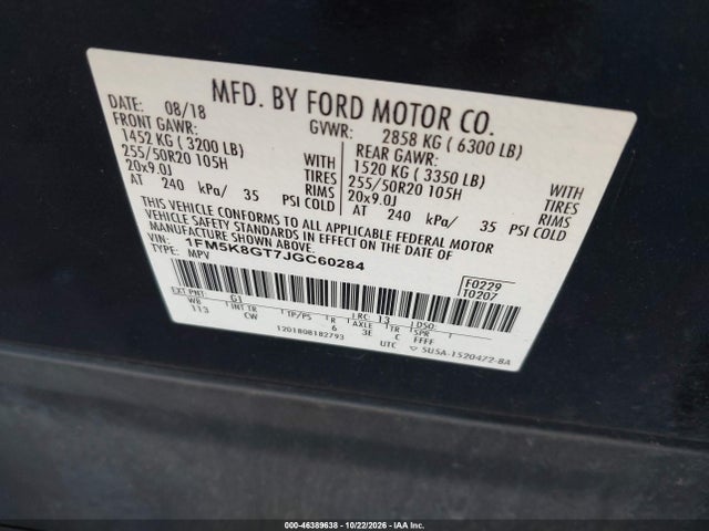 2018 Ford Explorer Sport მანქანა იყიდება აუქციონზე, vin: 1FM5K8GT7JGC60284, აუქციონის ნომერი: 46389638