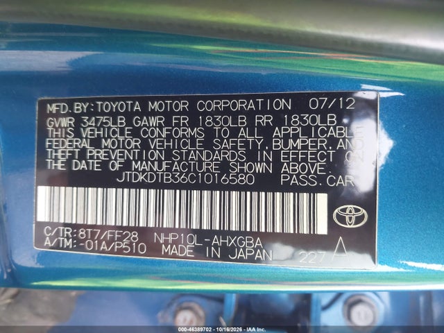 46389702 :رقم المزاد ، JTDKDTB36C1016580 vin ، 2012 Toyota Prius C Three مزاد بيع
