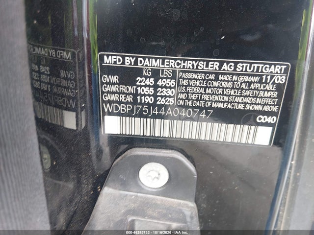Продаж на аукціоні авто 2004 Mercedes-benz Cl 500, vin: WDBPJ75J44A040747, номер лоту: 46389732