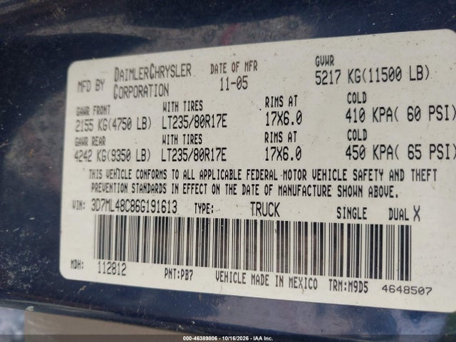 2006 Dodge Ram 3500 Slt/sport მანქანა იყიდება აუქციონზე, vin: 3D7ML48C86G191613, აუქციონის ნომერი: 46389806