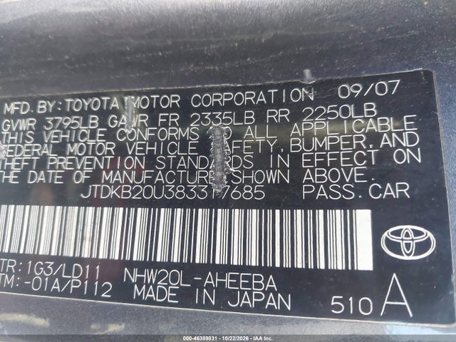 Auction sale of the 2008 Toyota Prius, vin: JTDKB20U383317685, lot number: 46389831