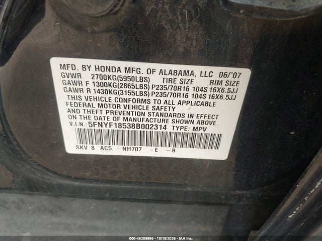 Продажа на аукционе авто 2008 Honda Pilot Ex-l, vin: 5FNYF18538B002314, номер лота: 46389986