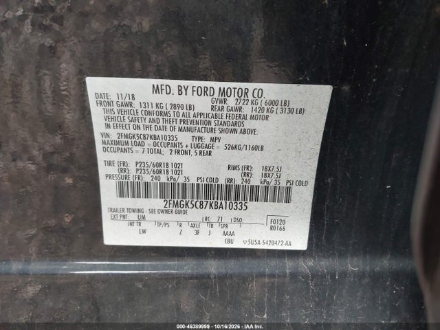 Aukcja sprzedaży 2019 Ford Flex Sel, vin: 2FMGK5C87KBA10335, numer aukcji: 46389999