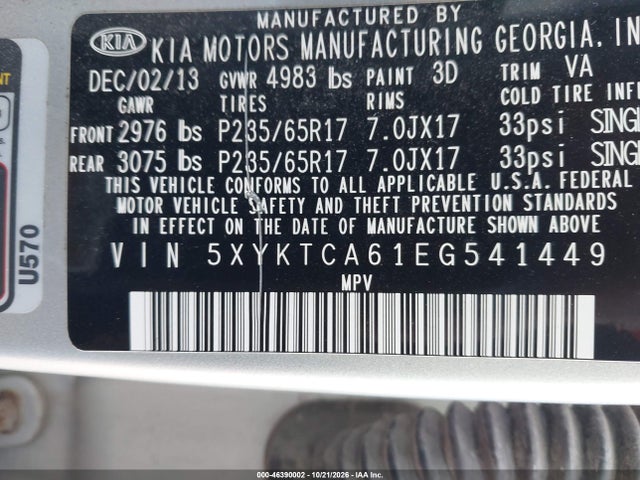 2014 Kia Sorento Lx მანქანა იყიდება აუქციონზე, vin: 5XYKTCA61EG541449, აუქციონის ნომერი: 46390002