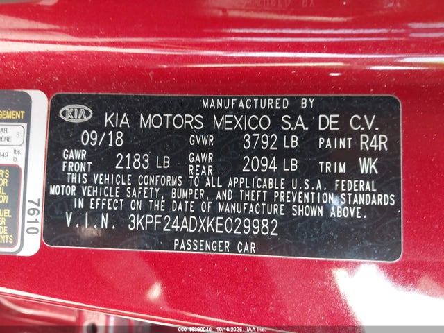 2019 Kia Forte Lxs მანქანა იყიდება აუქციონზე, vin: 3KPF24ADXKE029982, აუქციონის ნომერი: 46390040