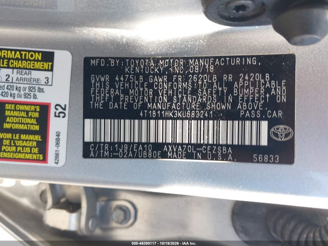 46390117 :رقم المزاد ، 4T1B11HK3KU683241 vin ، 2019 Toyota Camry Se مزاد بيع