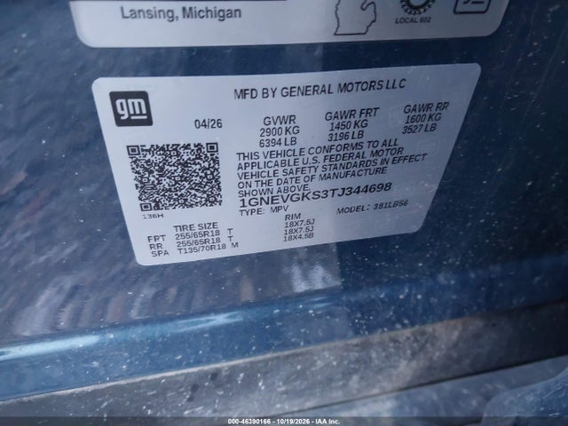 Aukcja sprzedaży 2026 Chevrolet Traverse Awd Lt, vin: 1GNEVGKS3TJ344698, numer aukcji: 46390166