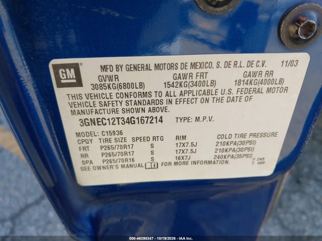 46390347 :رقم المزاد ، 3GNEC12T34G167214 vin ، 2004 Chevrolet Avalanche 1500 مزاد بيع