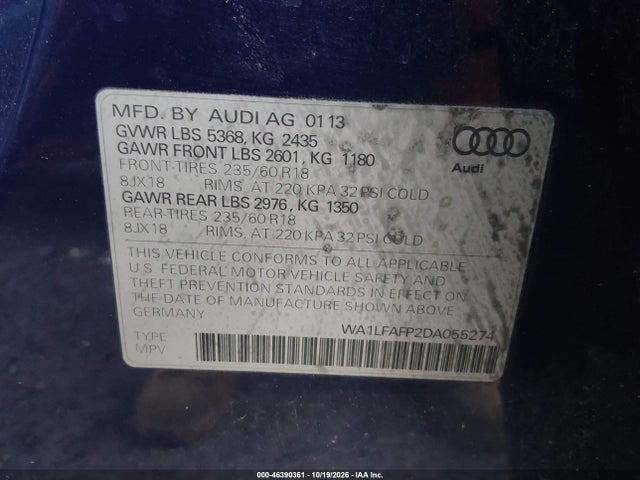 46390361 :رقم المزاد ، WA1LFAFP2DA055274 vin ، 2013 Audi Q5 2.0t Premium مزاد بيع