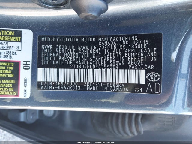 Продаж на аукціоні авто 2015 Toyota Corolla S Plus, vin: 2T1BURHE0FC359204, номер лоту: 46390377