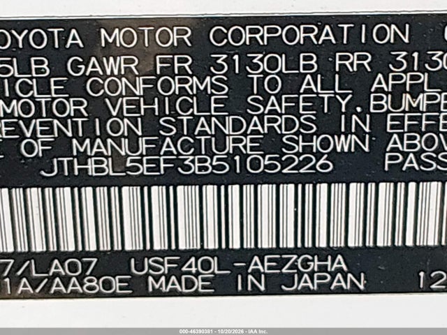 46390381 :رقم المزاد ، JTHBL5EF3B5105226 vin ، 2011 Lexus Ls 460 مزاد بيع