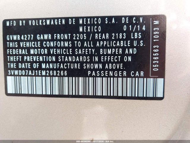 2014 Volkswagen Jetta 1.8t Se მანქანა იყიდება აუქციონზე, vin: 3VWD07AJ1EM268266, აუქციონის ნომერი: 46390395