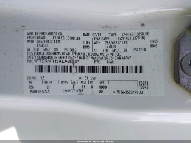 46390435 :رقم المزاد ، 1FTER1FH3KLA80037 vin ، 2019 Ford Ranger Xl مزاد بيع