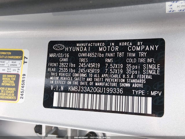 Продаж на аукціоні авто 2016 Hyundai Tucson Limited, vin: KM8J33A20GU199336, номер лоту: 46390461