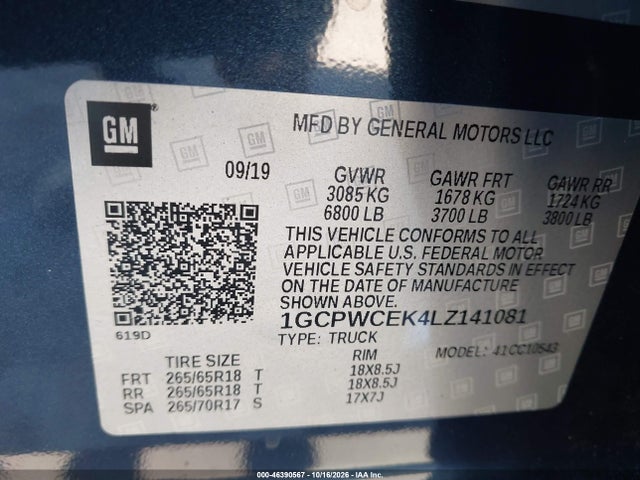 46390567 :رقم المزاد ، 1GCPWCEK4LZ141081 vin ، 2020 Chevrolet Silverado 1500 مزاد بيع