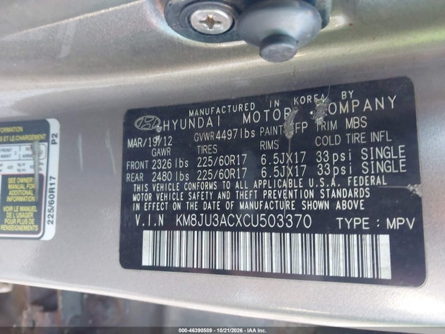 46390589 :رقم المزاد ، KM8JU3ACXCU503370 vin ، 2012 Hyundai Tucson Gls مزاد بيع