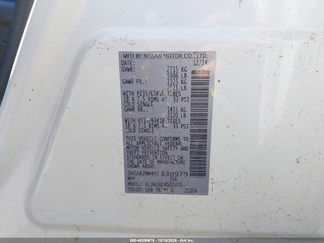 Aukcja sprzedaży 2015 Nissan Pathfinder Sl, vin: 5N1AR2MM4FC630979, numer aukcji: 46390676