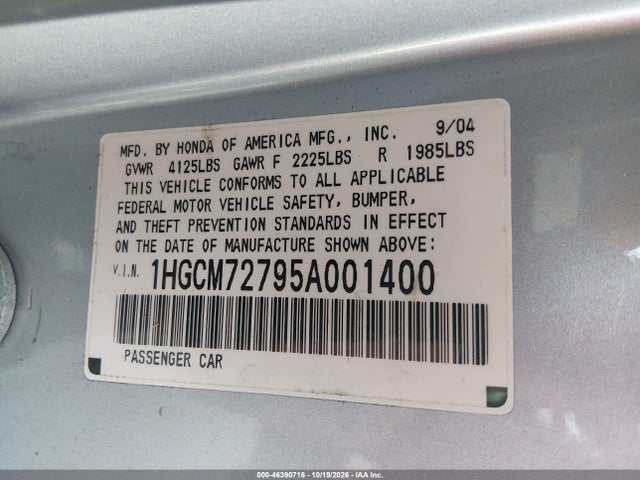 46390716 :رقم المزاد ، 1HGCM72795A001400 vin ، 2005 Honda Accord 2.4 Ex مزاد بيع