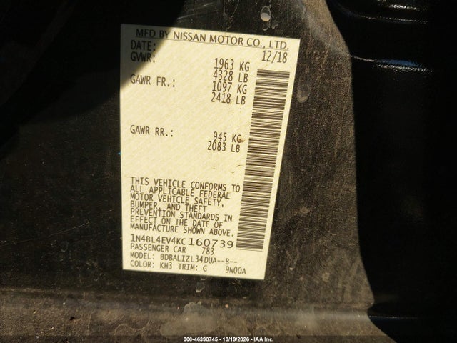 46390745 :رقم المزاد ، 1N4BL4EV4KC160739 vin ، 2019 Nissan Altima 2.5 Sl مزاد بيع