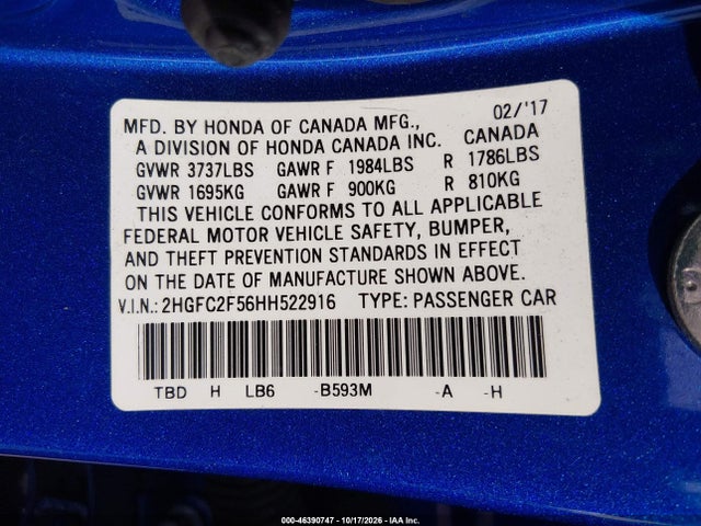 Honda Civic Lx 2017 2HGFC2F56HH522916 Image 9