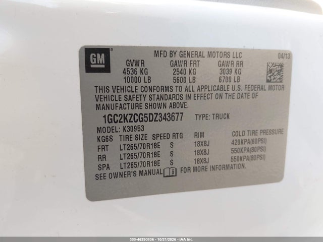 46390806 :رقم المزاد ، 1GC2KZCG5DZ343677 vin ، 2013 Chevrolet Silverado 3500hd Work Truck مزاد بيع