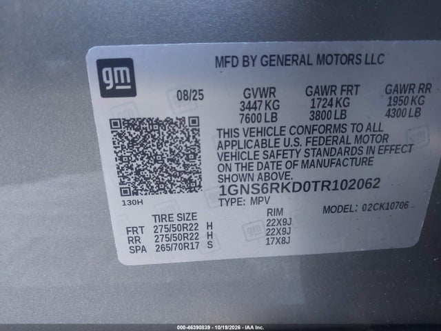 Aukcja sprzedaży 2026 Chevrolet Tahoe 4wd Rst, vin: 1GNS6RKD0TR102062, numer aukcji: 46390839