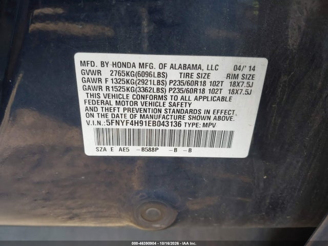 Aukcja sprzedaży 2014 Honda Pilot Touring, vin: 5FNYF4H91EB043136, numer aukcji: 46390904