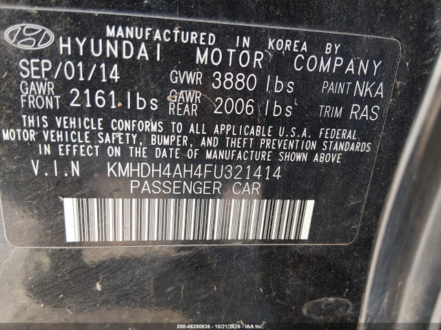 2015 Hyundai Elantra Sport მანქანა იყიდება აუქციონზე, vin: KMHDH4AH4FU321414, აუქციონის ნომერი: 46390936