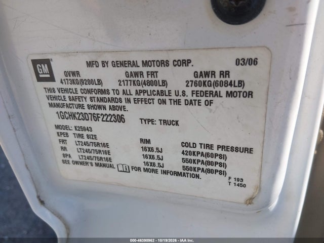 Aukcja sprzedaży 2006 Chevrolet Silverado 2500hd Lt3, vin: 1GCHK23D76F222306, numer aukcji: 46390962