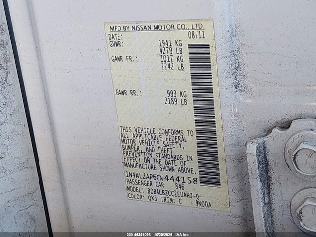 46391098 :رقم المزاد ، 1N4AL2AP6CN444158 vin ، 2012 Nissan Altima 2.5 S مزاد بيع