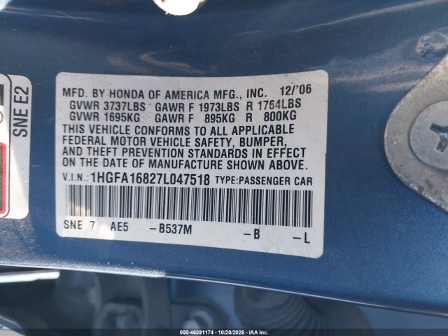 Aukcja sprzedaży 2007 Honda Civic Ex, vin: 1HGFA16827L047518, numer aukcji: 46391174