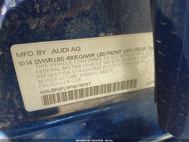 46391182 :رقم المزاد ، WAUBFAFL9FN018097 vin ، 2015 Audi A4 2.0t Premium مزاد بيع