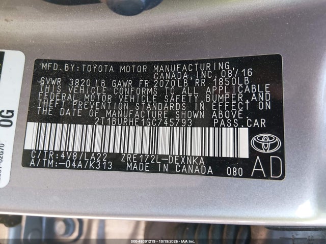 Продажа на аукционе авто 2016 Toyota Corolla Le Premium, vin: 2T1BURHE1GC745793, номер лота: 46391219