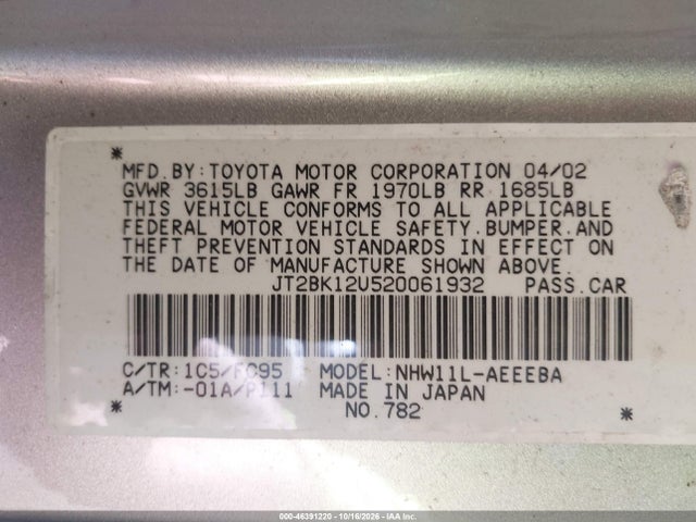 Продаж на аукціоні авто 2002 Toyota Prius, vin: JT2BK12U520061932, номер лоту: 46391220