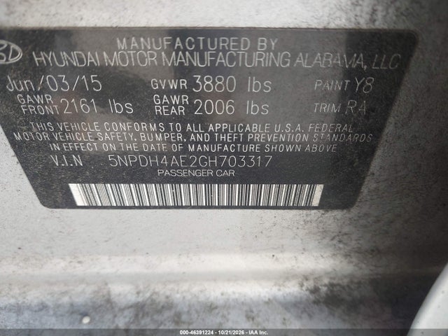 2016 Hyundai Elantra Se მანქანა იყიდება აუქციონზე, vin: 5NPDH4AE2GH703317, აუქციონის ნომერი: 46391224