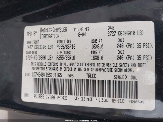 Aukcja sprzedaży 2005 Dodge Dakota Slt, vin: 1D7HE48K15S131165, numer aukcji: 46391258