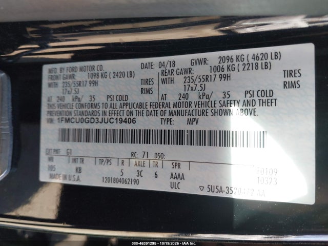 Продаж на аукціоні авто 2018 Ford Escape Se, vin: 1FMCU0GD3JUC19406, номер лоту: 46391295