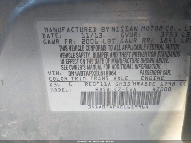 46391308 :رقم المزاد ، 3N1AB7APXEL619964 vin ، 2014 Nissan Sentra S مزاد بيع