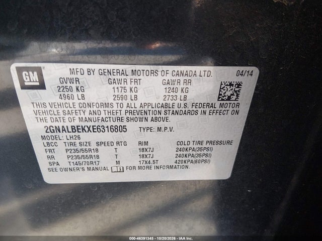 Aukcja sprzedaży 2014 Chevrolet Equinox 1lt, vin: 2GNALBEKXE6316805, numer aukcji: 46391345
