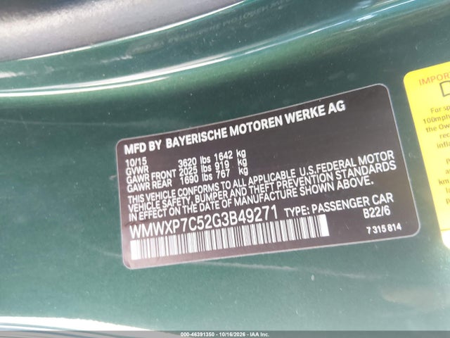 Aukcja sprzedaży 2016 Mini Hardtop Cooper S, vin: WMWXP7C52G3B49271, numer aukcji: 46391350