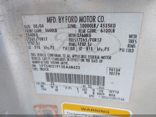 Продажа на аукционе авто 2005 Ford F-250 Lariat/xl/xlt, vin: 1FTSW21P15EA48423, номер лота: 46391376