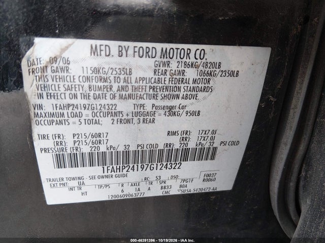 2007 Ford Five Hundred Sel მანქანა იყიდება აუქციონზე, vin: 1FAHP24197G124322, აუქციონის ნომერი: 46391396