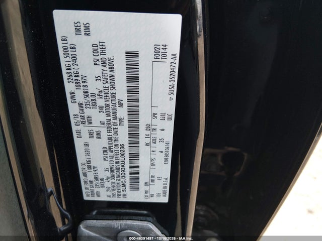 Продаж на аукціоні авто 2019 Lincoln Mkc Reserve, vin: 5LMCJ3D93KUL00236, номер лоту: 46391497