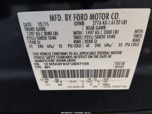 Продаж на аукціоні авто 2015 Ford Explorer Limited, vin: 1FM5K8F83FGB97155, номер лоту: 46391512