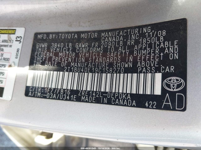 46391549 :رقم المزاد ، 2T1BU40E19C158270 vin ، 2009 Toyota Corolla Le مزاد بيع