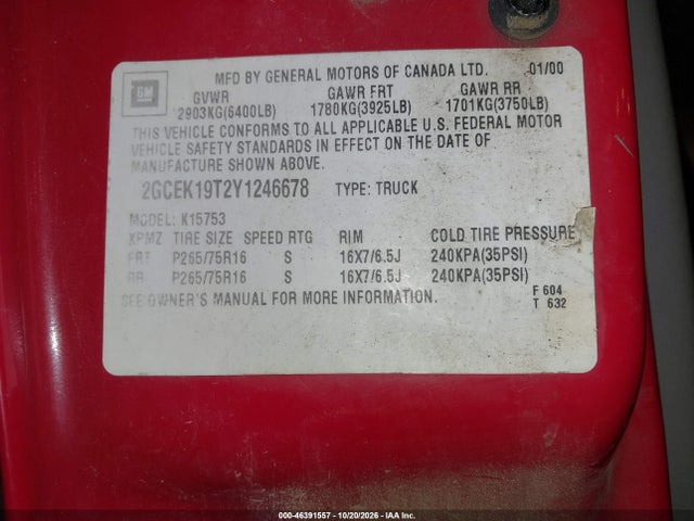 Aukcja sprzedaży 2000 Chevrolet Silverado 1500 Ls, vin: 2GCEK19T2Y1246678, numer aukcji: 46391557