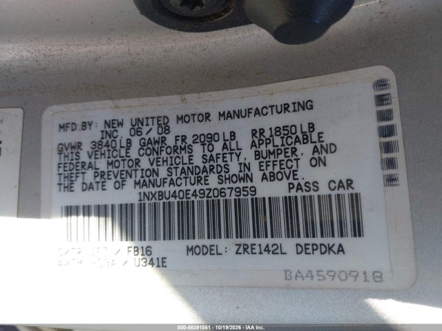 46391561 :رقم المزاد ، 1NXBU40E49Z067959 vin ، 2009 Toyota Corolla Le مزاد بيع
