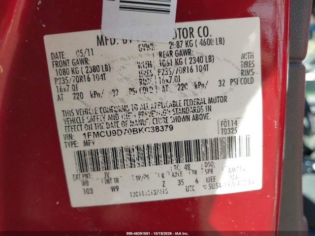 Продаж на аукціоні авто 2011 Ford Escape Xlt, vin: 1FMCU9D70BKC38379, номер лоту: 46391591