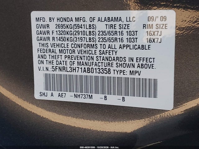Продажа на аукционе авто 2010 Honda Odyssey Ex-l, vin: 5FNRL3H71AB013358, номер лота: 46391599